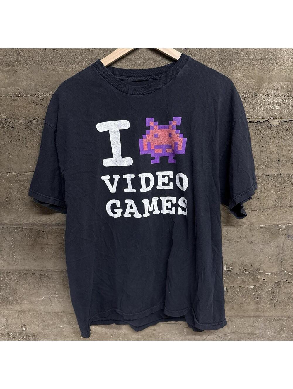 Vintage Y2K I Love Video Games Pixel Graphic T-Shirt Black Size Large